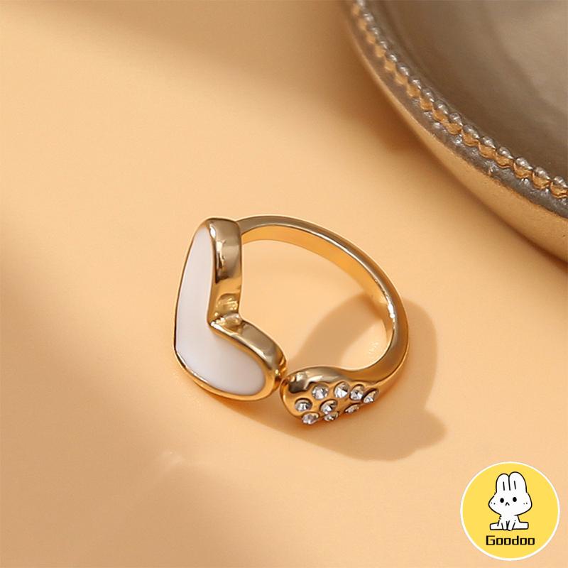 Cincin Model Terbuka Adjustable Desain Hati Hias Berlian Imitasi Untuk Wanita -Doo