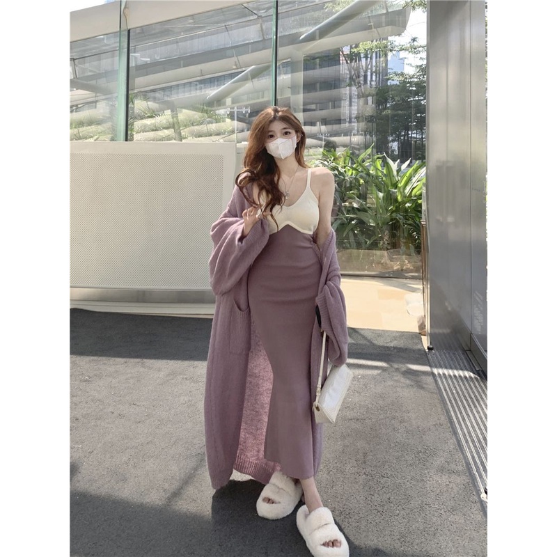 Temperamen Selebriti Setelan Wanita Musim Gugur dan Musim Dingin Baru Lembut Rajutan Cardigan Suspen