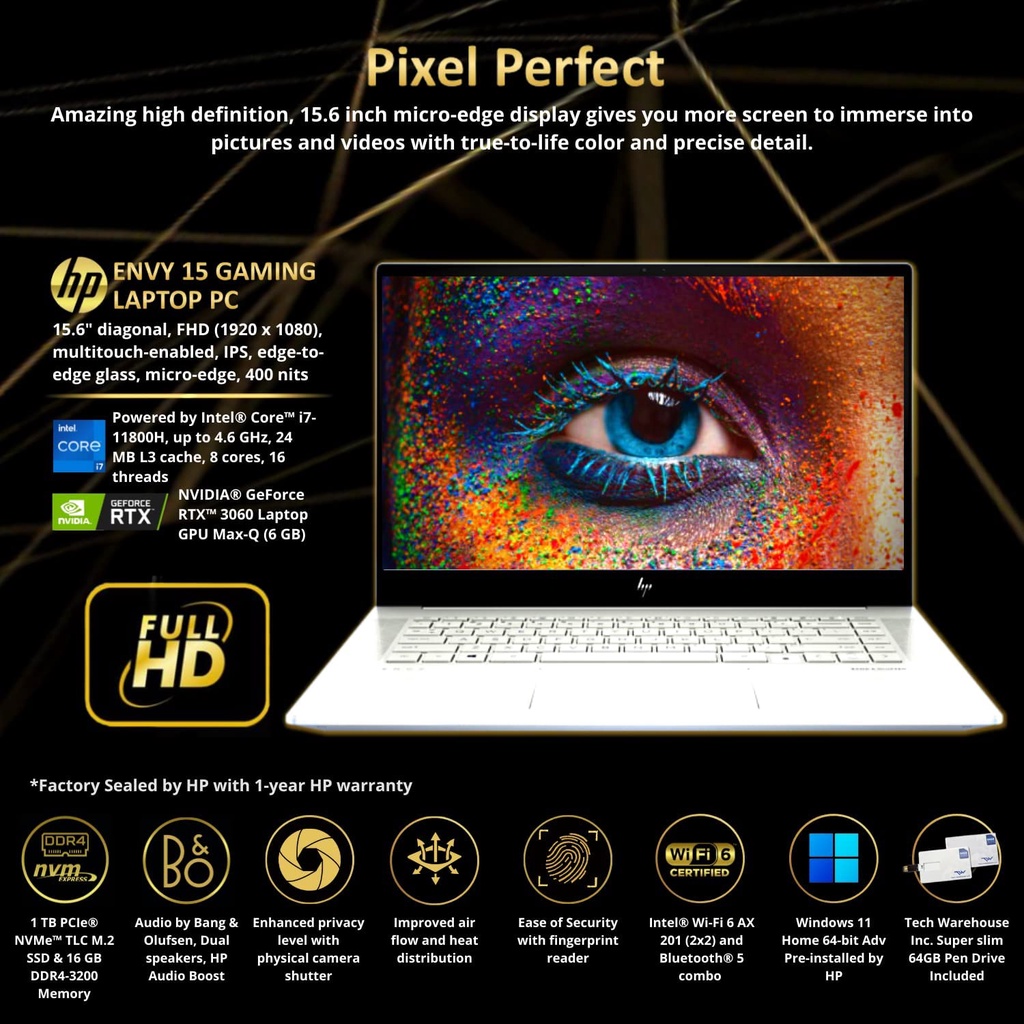 Laptop Editing Hp Envy 15 Intel Core i7 11800H Ram 32GB 1TB SSD RTX3060-6GB 4K OLED TOUCH Windows11 SILVER