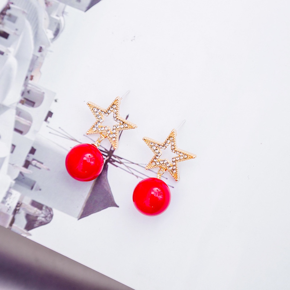 Anting Stud Jarum Perak 925 Lapis Emas Bentuk Bintang Merah Aksen Mutiara Simulasi Untuk Wanita