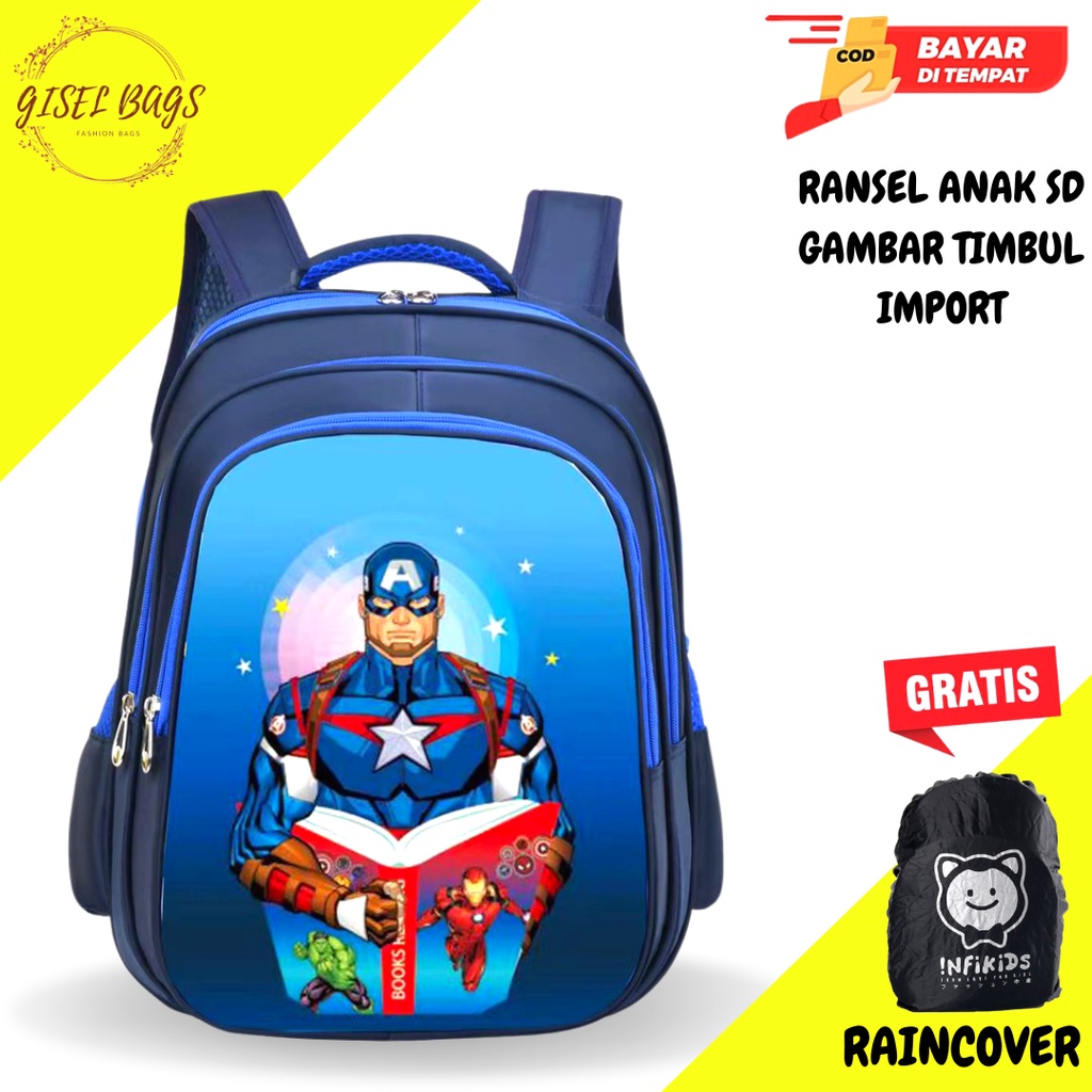 Tas anak laki laki terbaru sekolah sd import gambar timbul karakter superhero waterproof