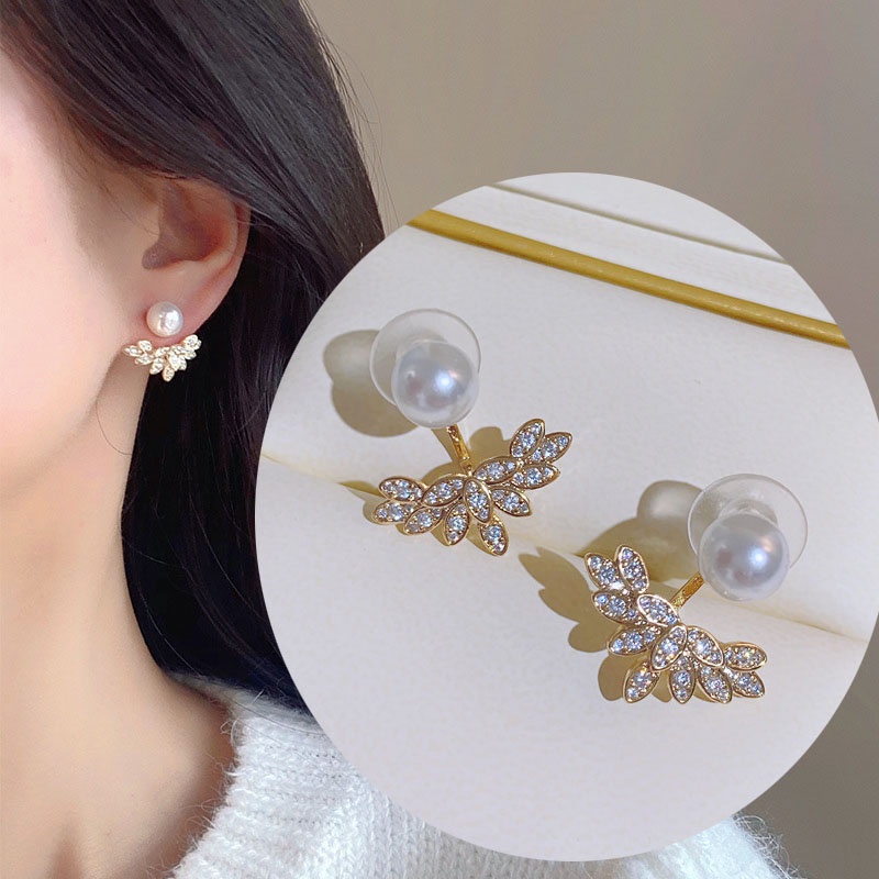 Anting Bentuk Sayap Aksen Mutiara Dan Berlian Imitasi Gaya Korea