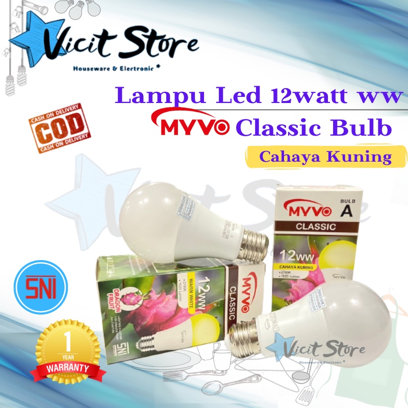 Lampu Led 12watt Warm White Myvo Classic Bulb Cahaya Kuning Bergaransi