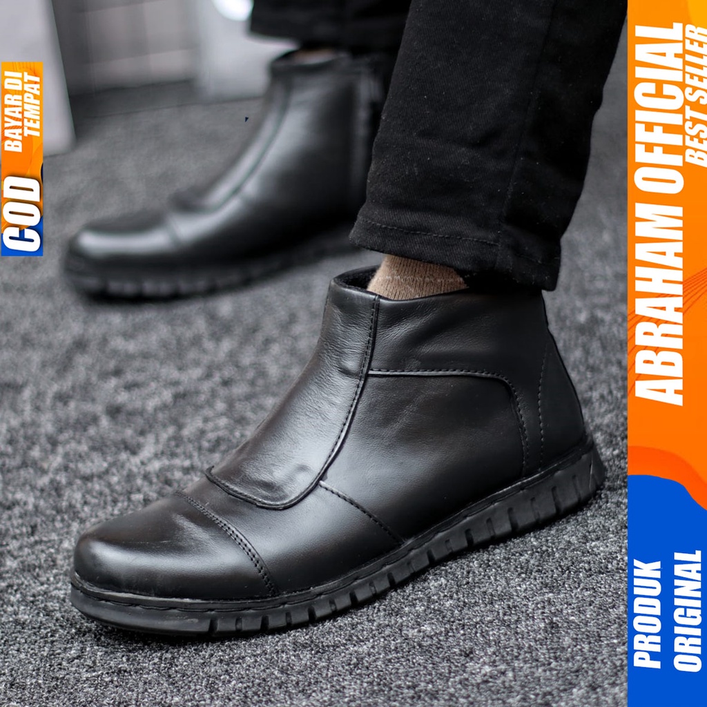 Sepatu Pantofel Tinggi Boot Sleting Kulit Asli Original Formal Hitam Pria Abraham Warka