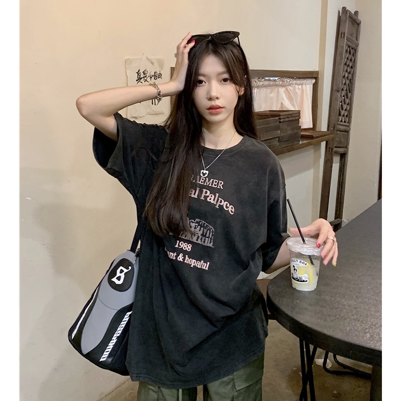 EUNII T-shirt Lengan Pendek Modis Bahasa Inggris Pencetakan Longgar Korean Style/Kaos Atasan Wanita/Baju Kaus Oversize Wanita