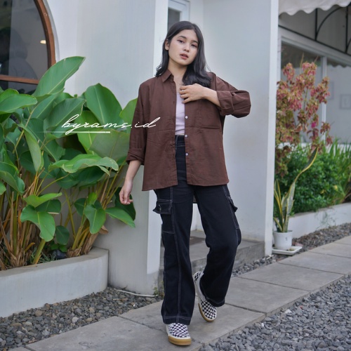 Kemeja Wanita Oversize Linen Olivia Shirt Linen Pocket Oversize-KOPI