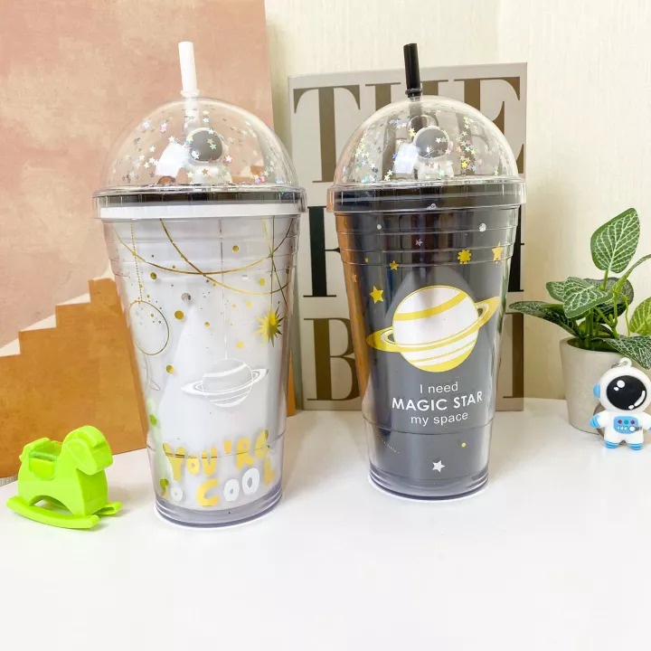 TURUN HARGA Botol Minum Gemoy Glitter Tumbler Gelas Botol Minum Air Sedotan Botol Minum Astronot Free Sedotan