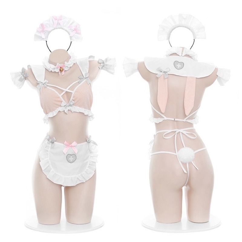 Sisi Set Bunnie Bra Apron Pompom Strings Lingerie Seragam Pelayan Wanita Kuping Telinga Kelinci Seks