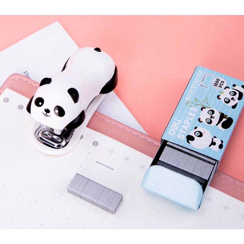 STAPLER STAPLES NO.10 SET MINI PANDA DELI 0453 LUCU HITAM PUTIH KECIL