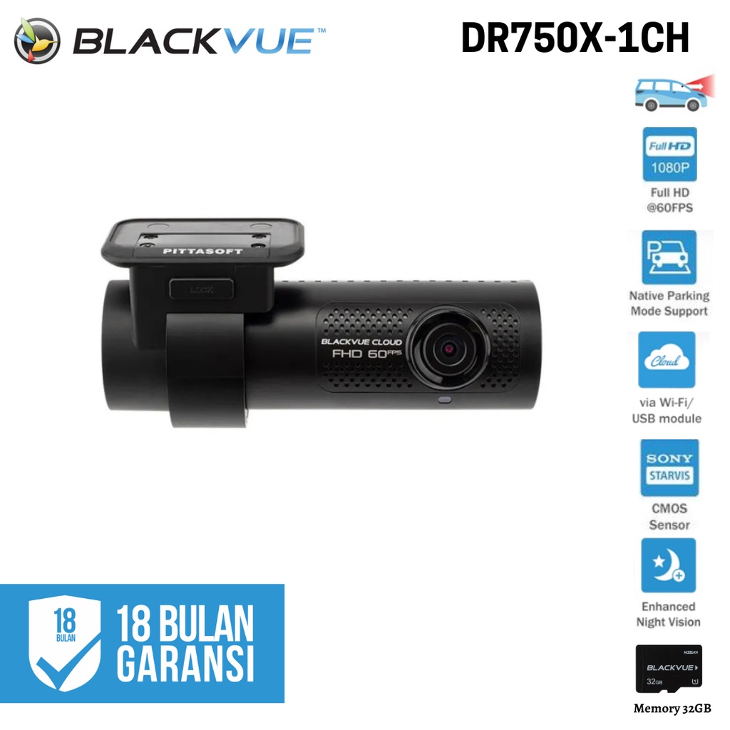 BlackVue DR750X PLUS Dash Cam Full HD 32GB, Kamera Depan & Belakang Sony STARVIS™ CMOS Sensor