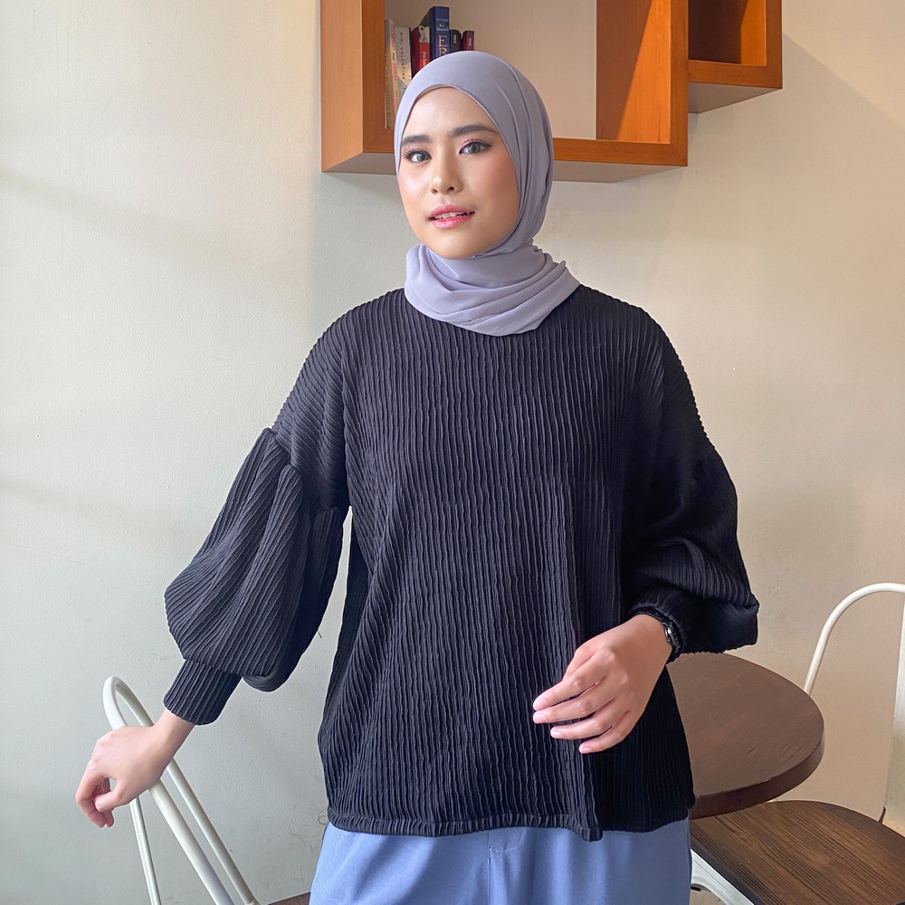 Blouse Wanita Lengan Panjang Kekinian Premium - Blouse Putih Lengan Balon Plisket - Atasan Wanita Le