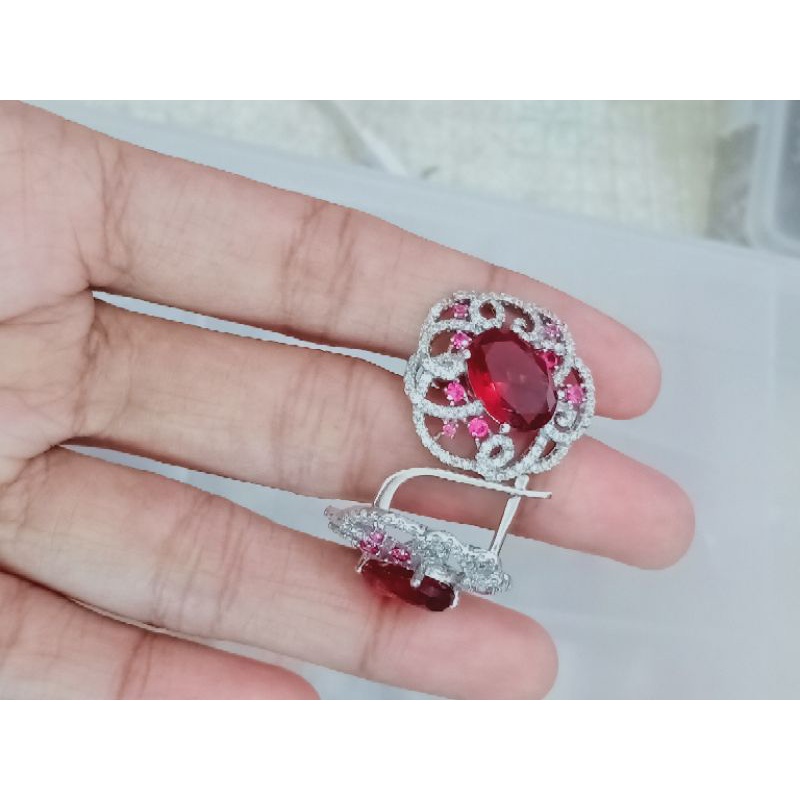 ANTING PERAK ASLI SILVER 925 LAPIS EMAS/ANTING JEPIT BATU MERAH+MATA PUTIH/ASLI SILVER/FASHION WANITA TERBARU