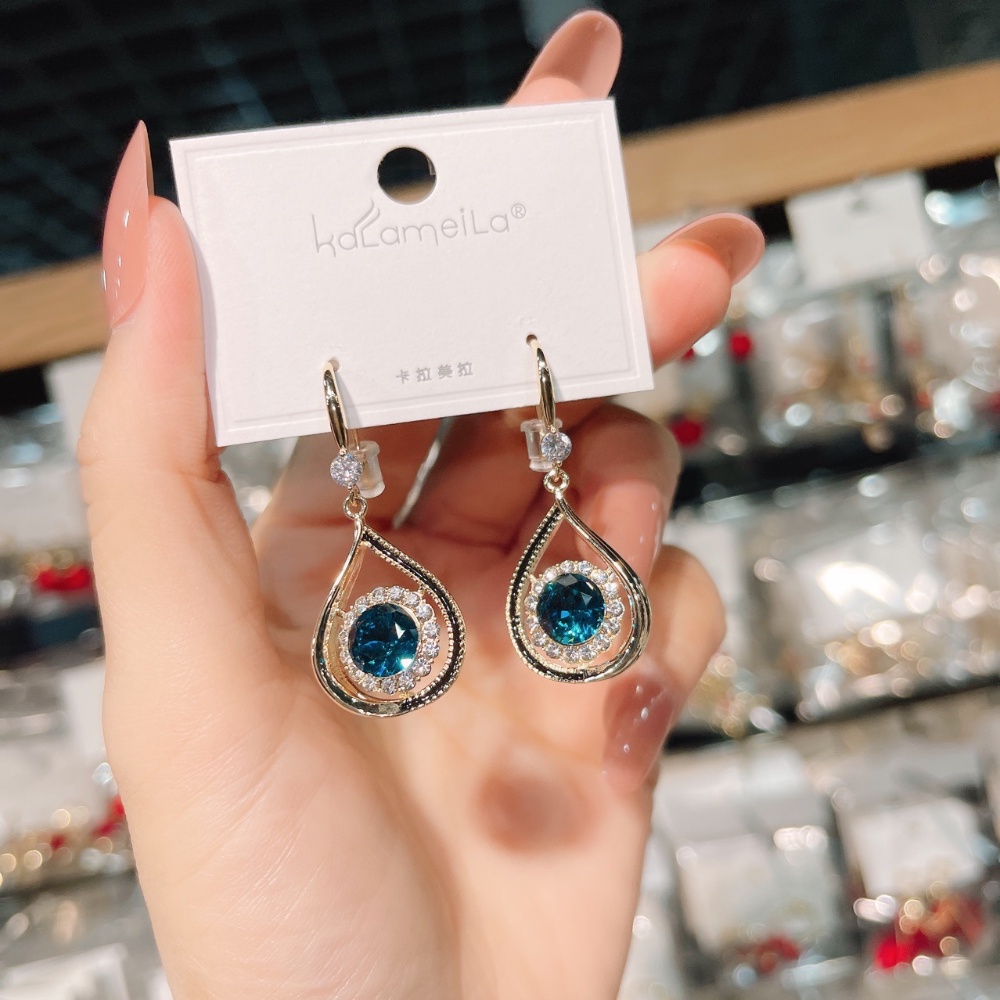 Anting Drops Hias Kristal Zirkon Buatan Warna Biru Gaya Retro Untuk Wanita