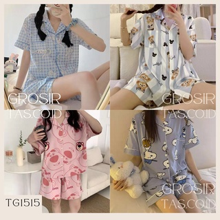 GROSIRTAS TG1515 Baju Tidur Wanita Import Lengan dan Celana Pendek  Leher Kerah