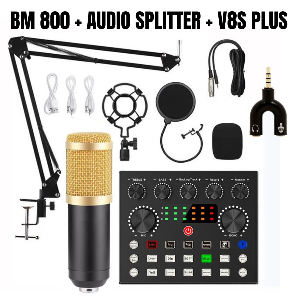 ALAT STUDIO Paket Lengkap Mic Condenser Podcast Full Set Microphone Condenser BM 800 + Stand + Pop F