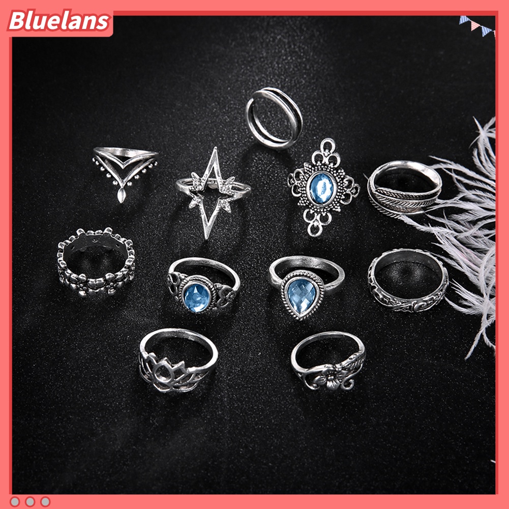 Bluelans 11Pcs Women Retro Hollow Rhinestone Knuckle Midi Finger Tip Stacking Joint Ring