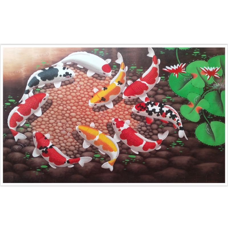 Hiasan dinding lukisan cetak ikan koi plus bingkai ukuran 85x55