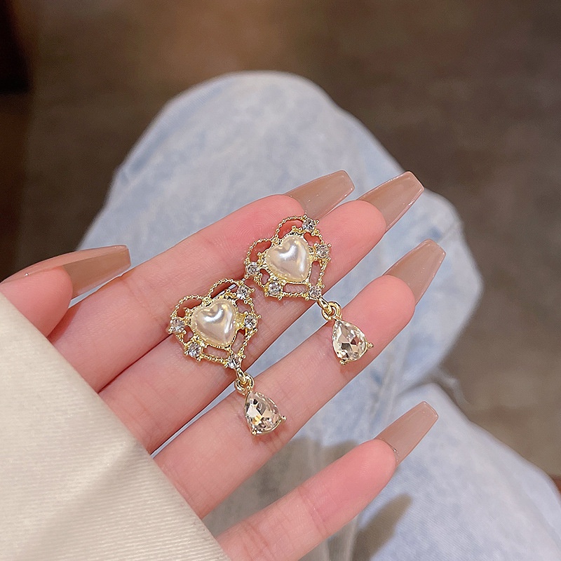 Anting Tusuk Sterling silver 925 Model Hati Dengan Mutiarabatu Zircon Mewah Retro Untuk Wanita