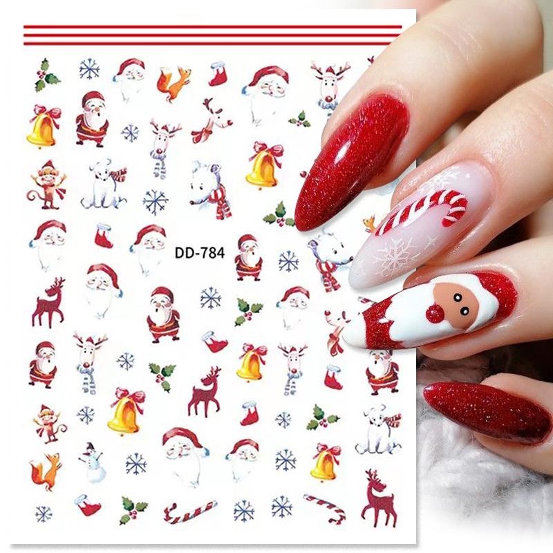 Stiker Kuku 3D Glitter Snowflakes Santa Claus Rusa Pohon Natal Untuk Dekorasi Manicure