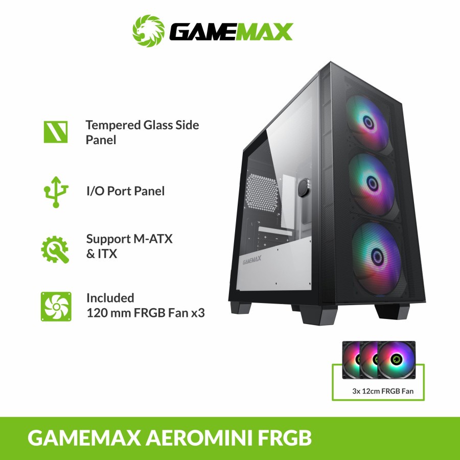 GameMax Aero Mini PC Casing Gaming + 3 Fan RGB Tempered Glass