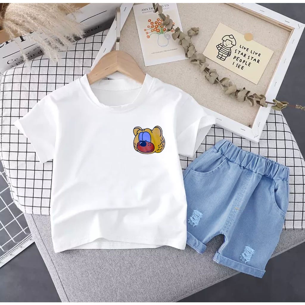 SETELAN KAOS ANAK MOTIF CUTE BEAR DENIM - PAKAIAN ANAK UMUR 6-10BLN 1-5THN UNTUK ANAK LAKILAKI DAN ANAK PEREMPUAN - TRENDY SAAT INI BAHAN COMBED CELANA DENIM PENDEK - ADEM DAN NYAMAN SAAT DIPAKAI ANAK SIBUAH HATI- GAMBAR KEREN DAN LUCU DIBAJU NYA KEKINIAN