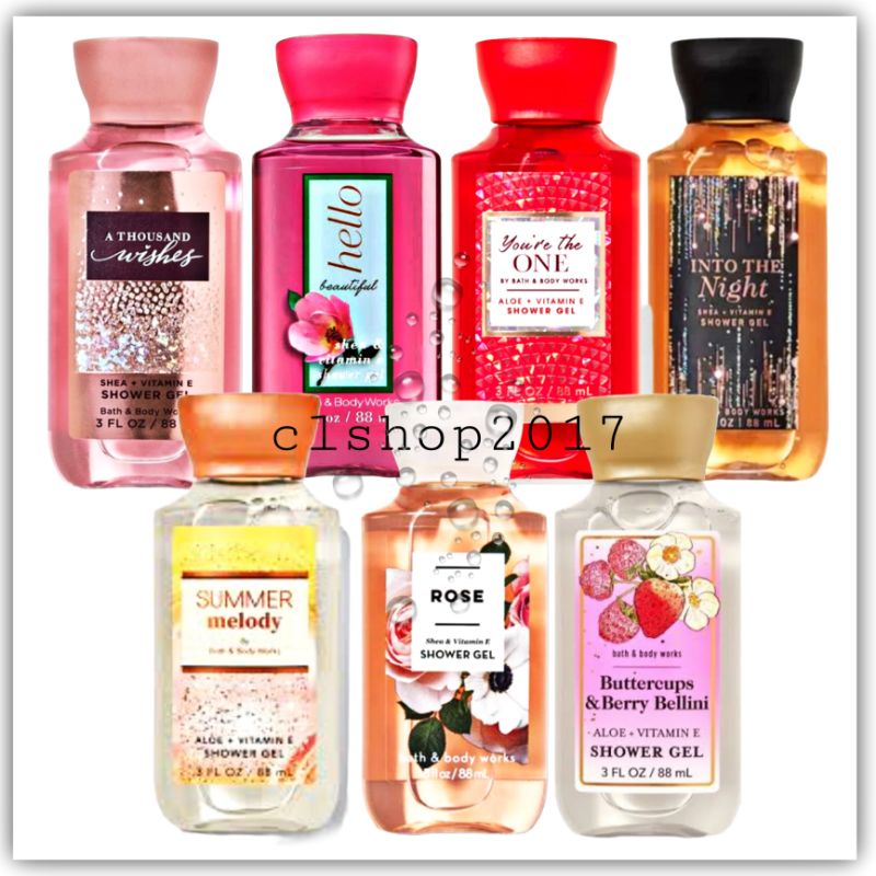 BATH &amp; BODY WORKS BBW SHEA ALOE + VITAMIN E SHOWER GEL 3 IN 1 HAIR, FACE &amp; BODY WASH + FOAM BATH 88 ML YOU'RE THE ONE IN A MILLION DARK KISS  ROSE DAHLIA SALTWATER BREEZE MAD ABOUT YOU  MARBLE MIX SHOWER GEL 89 ML SUMMER MELODY BUTTERCUPS bERRY BELLINI