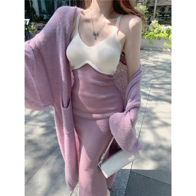 Temperamen Selebriti Setelan Wanita Musim Gugur dan Musim Dingin Baru Lembut Rajutan Cardigan Suspen