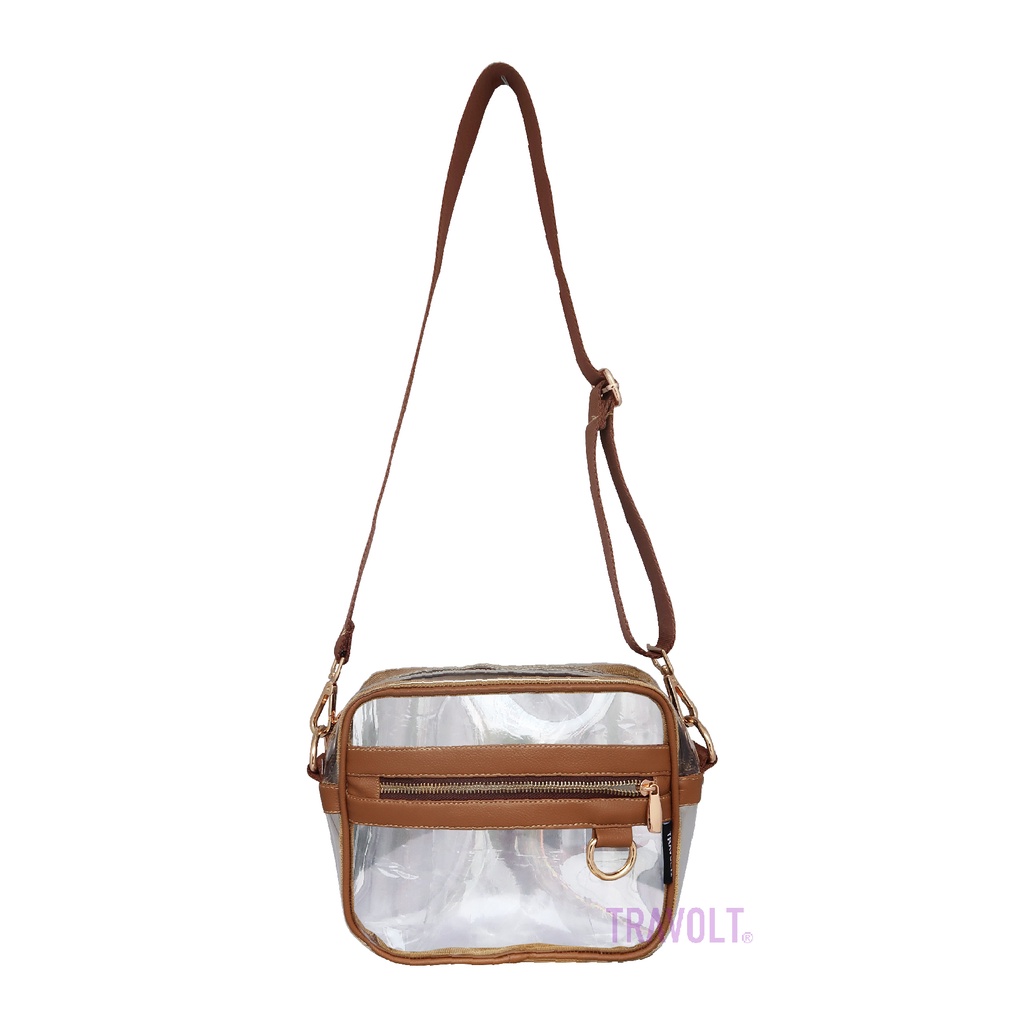PREMIUM Sling Bag List Kulit - Tas Selempang Transparan - Coklat - Travolt - Tas PVC Mika Tebal - Tas Konser KPOP - Hand bag Tas Selempang - Miyoung