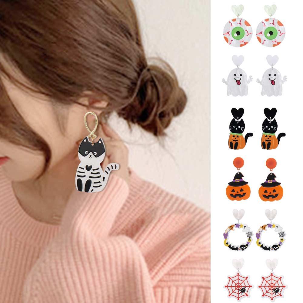 NEEDWAY Wanita Menjuntai Anting Desain Kartun Unik Halloween Seri Gadis Akrilik Properti Foto Gothic Perhiasan Aksesoris