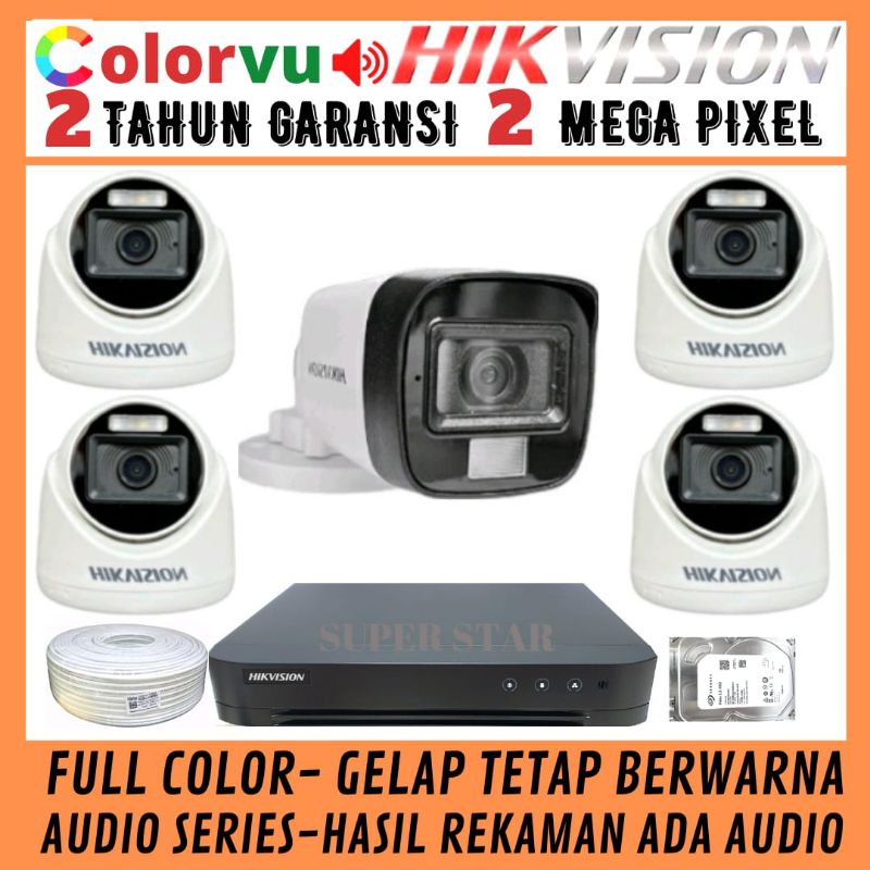 PAKET CCTV COLORVU HIKVISION 8 CHANNEL 5 KAMERA 2MP AUDIO FULL COLOR