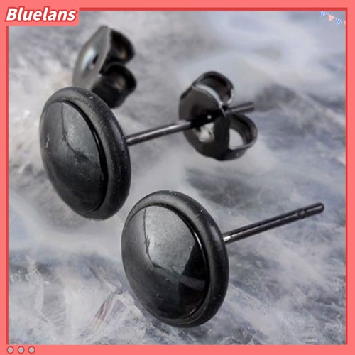 1 Pasang Anting Stud Bentuk Bulat Bahan Stainless Steel Warna Hitam Untuk Pria Dan Wanita