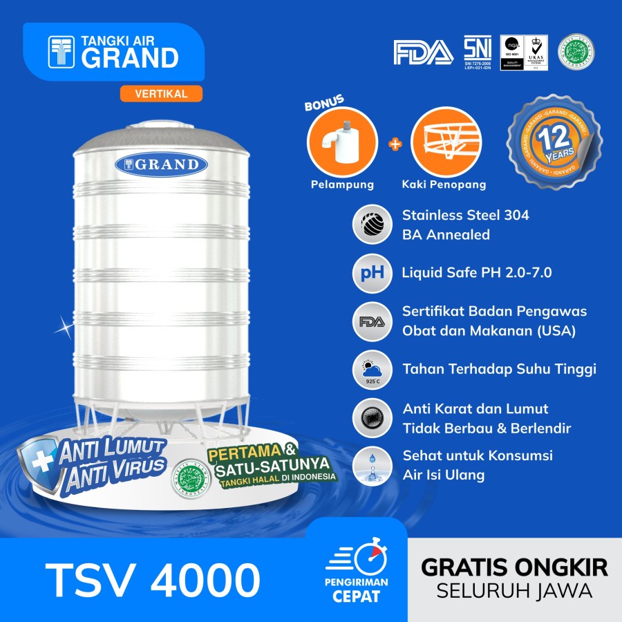 Toren Tandon Tangki Air Stainless Grand Type TSV 4000 Anti Lumut Garansi 12 TH Tangki Air 3700 L 100% Original