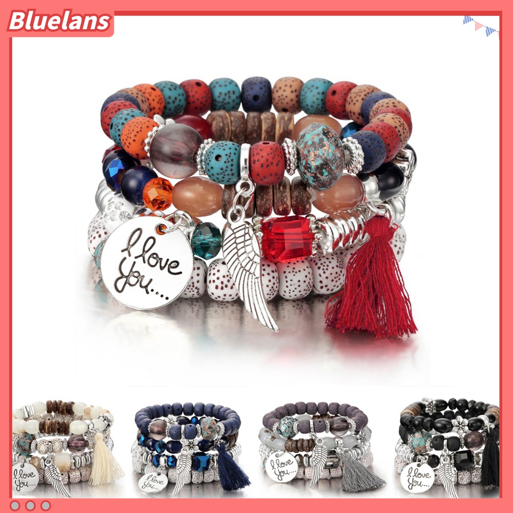 Bluelans 4Pcs Bohemia Style Wing Beads Bracelet Women Bangle Jewelry Party Gift