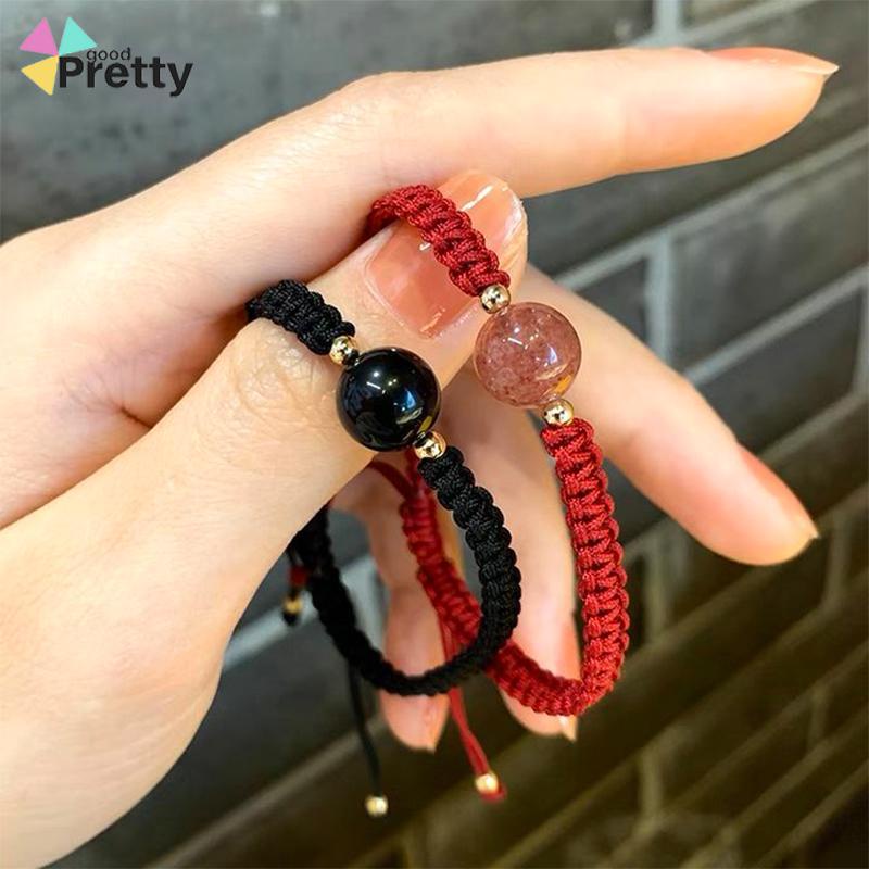 Gelang Tenun Pasangan Obsidian Rasa Desain Niche Temperamen Sederhana Tali Gelang Kristal - PD