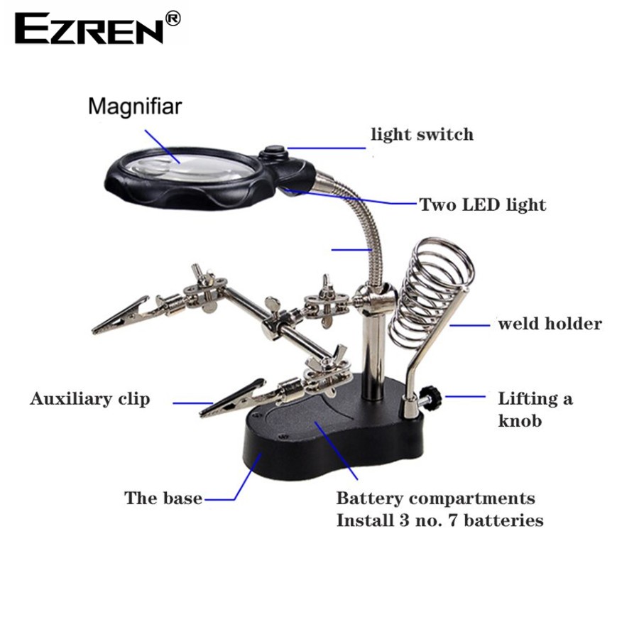 Ezren TE-801 Kaca Pembesar Penjepit PCB + Lampu Holder 3.5x 12x AAA