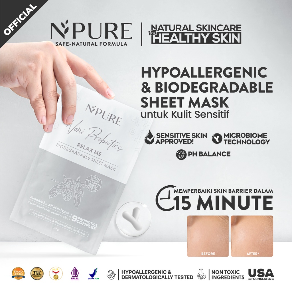 NPURE NONI PROBIOTICS RELAX ME BIODEGRADABLE SHEET MASK / Masker Wajah Topeng for Acne Treatment BPOM
