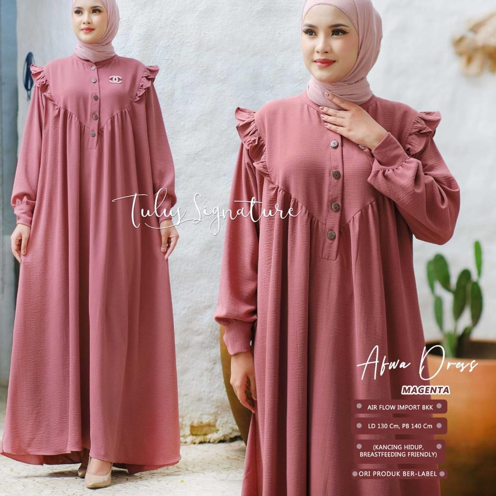 gamis wanita kekinian ld 130 afwa maxy dress motif polos kancing hidup mat airflow ori tulus signatu