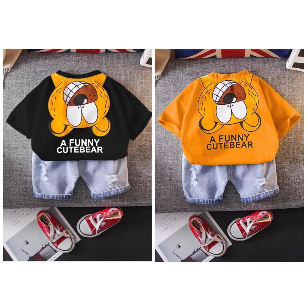 SETELAN KAOS ANAK MOTIF CUTE BEAR DENIM - PAKAIAN ANAK UMUR 6-10BLN 1-5THN UNTUK ANAK LAKILAKI DAN ANAK PEREMPUAN - TRENDY SAAT INI BAHAN COMBED CELANA DENIM PENDEK - ADEM DAN NYAMAN SAAT DIPAKAI ANAK SIBUAH HATI- GAMBAR KEREN DAN LUCU DIBAJU NYA KEKINIAN