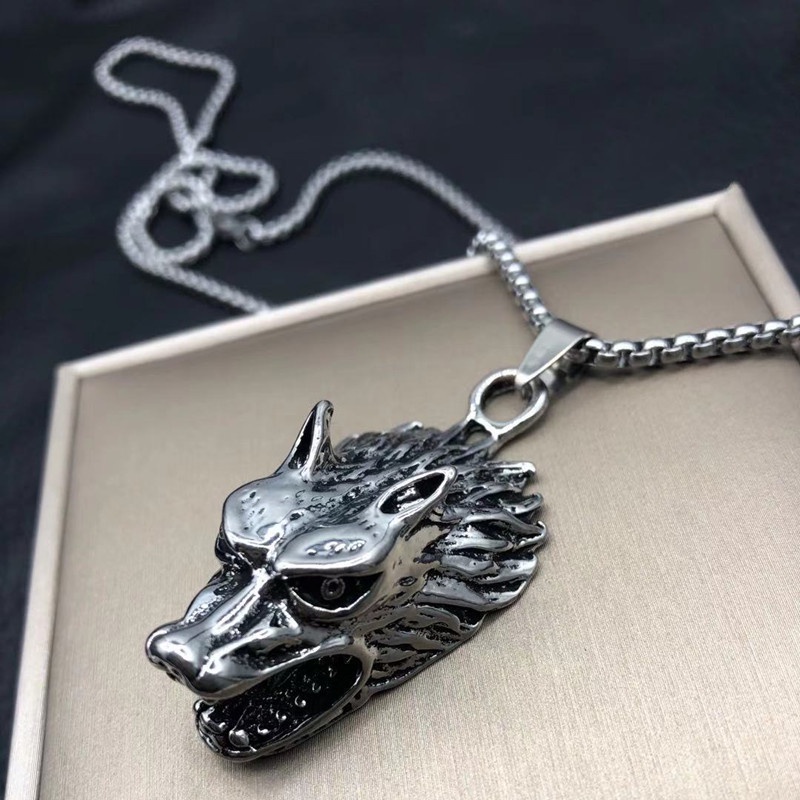 Kalung Liontin Kepala Serigala Bahan titanium steel alloy Gaya hip-hop punk Eropa Amerika Untuk Pria