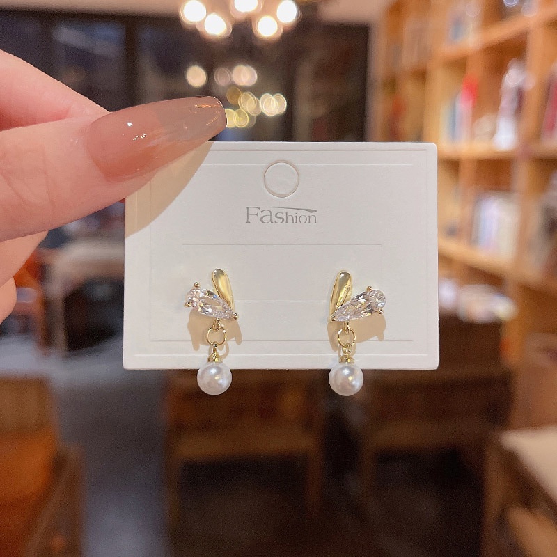 Anting Tusuk Gantung Bahan Sterling silver 925 Desain Hati Hias Zircon + Mutiara High Quality Untuk Wanita