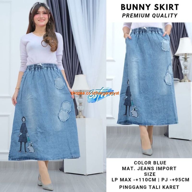 Rok Jeans Snow Bordir | Outfit Rok OOTD Wanita Bordir Kelinci Buny Skirt