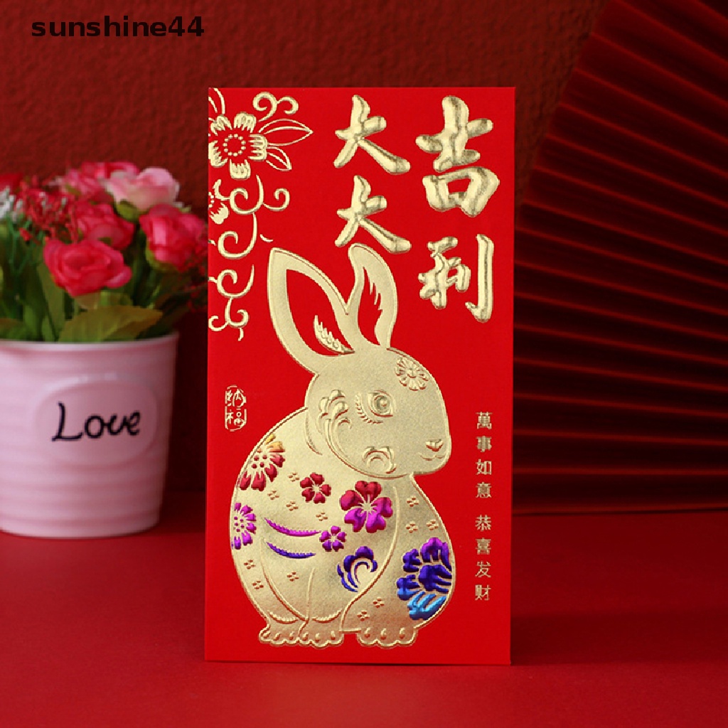 Sunshine 6Pcs 2023 Amplop Angpao Tahun Baru Cina / Imlek Gambar Kelinci Warna Merah