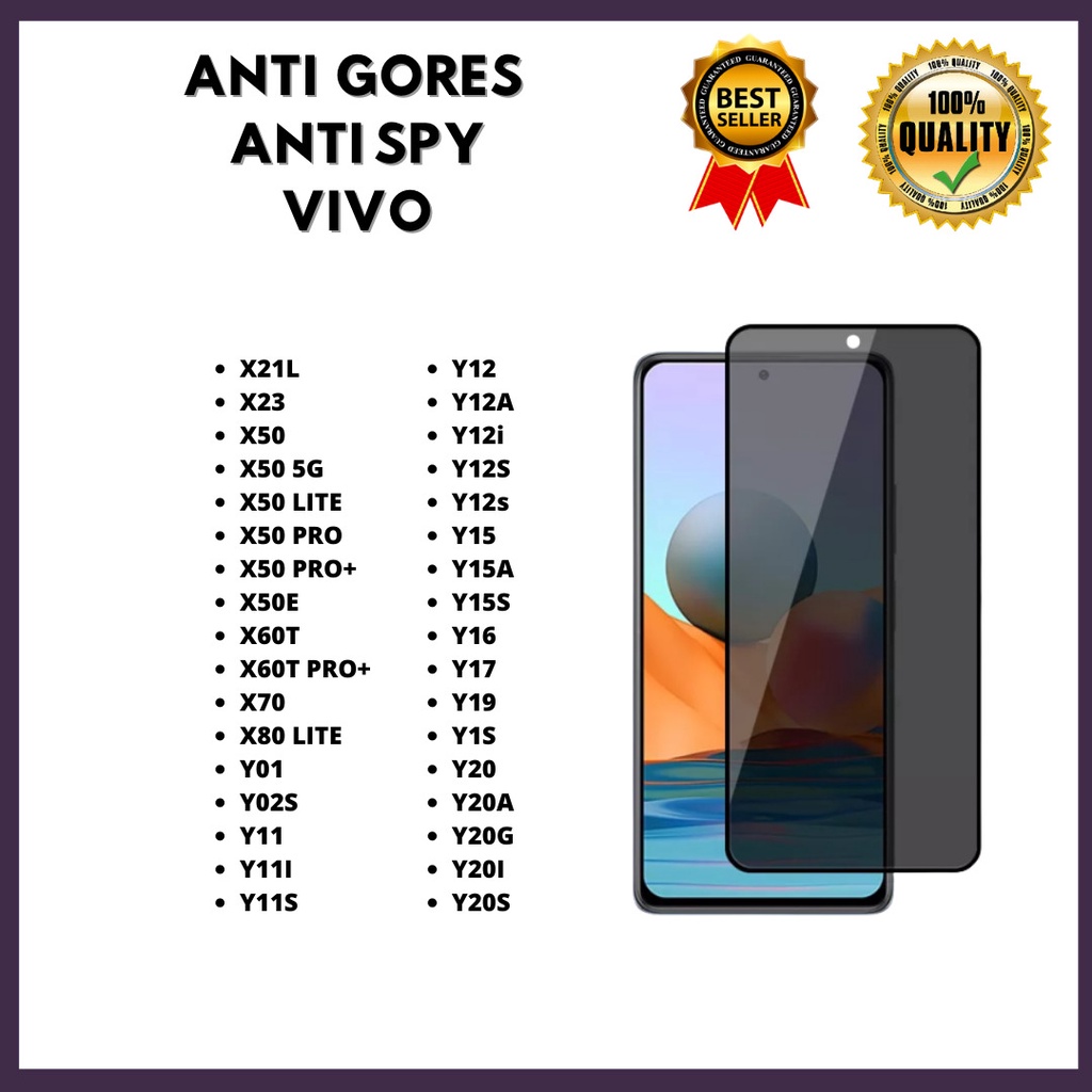 TEMPERED GLASS ANTI SPY X21I-X23-X50-X50 5G-X50 LITE-X50 PRO-X50 PRO+-X50E-X60S-X60T-X60T PRO+-X70-X80 LITE-Y01-Y02S-Y11-Y11I-Y11S-y12-Y12A-y12i-Y12S-y12s-Y15-Y15A-Y15S-Y16-Y17-Y19-y1s-Y20-Y20A-Y20G-Y20I-Y20S VENUS ACC