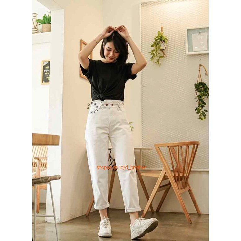 celana jeans baggy wanita highwaist karet stretch melar putih hijau white biru snow black Felicity Boyfriend