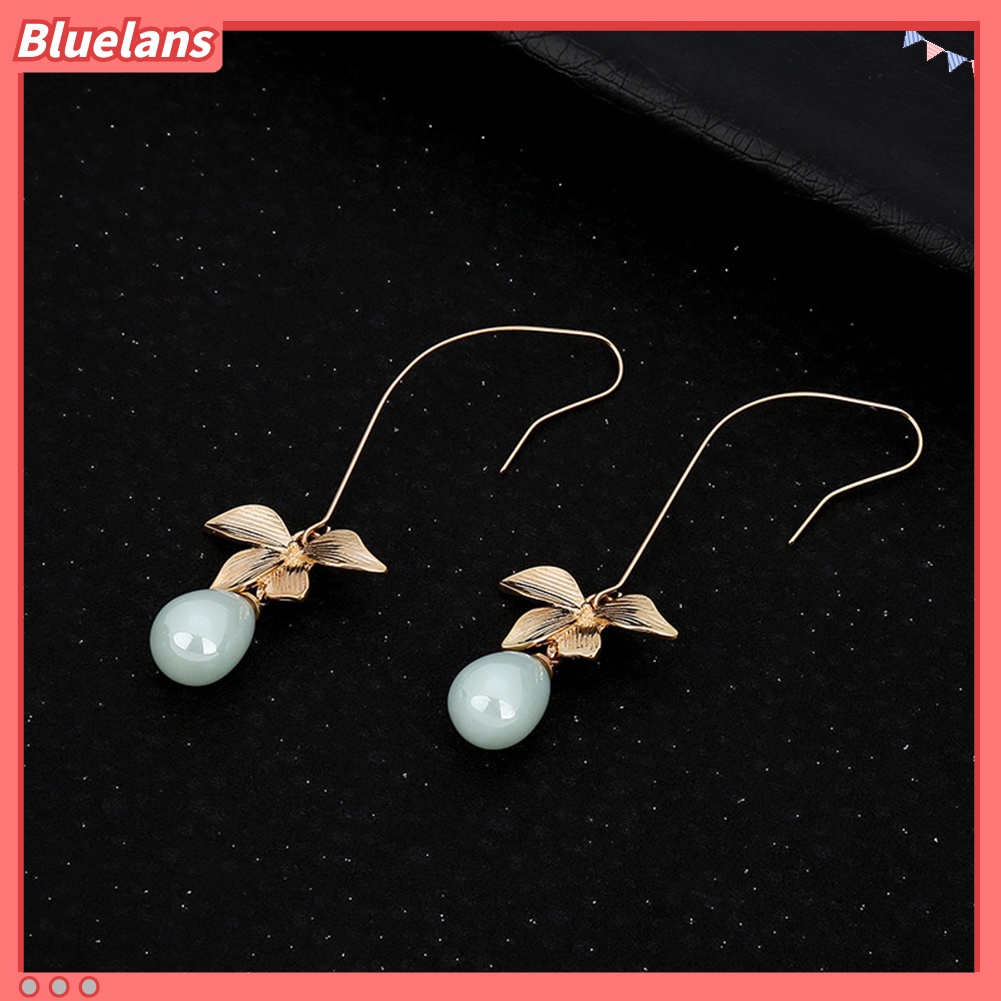 Bluelans Anting Kait Gantung Wanita Bahan Alloy Desain Daun Hias Mutiara Imitasi Untuk Hadiah