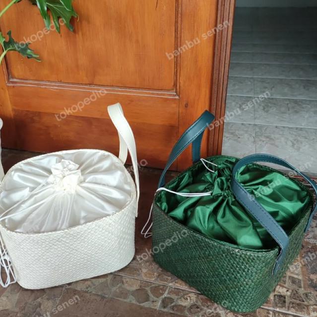 tas anyaman pandan tas hampers lebar - hijau botol