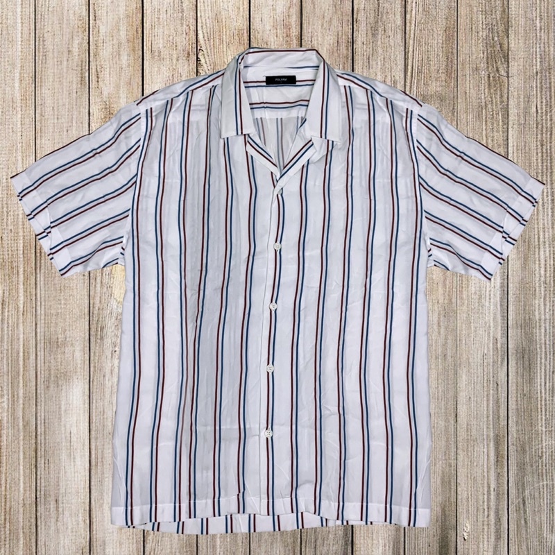 kemeja open collar shirt pria putih garis merah biru