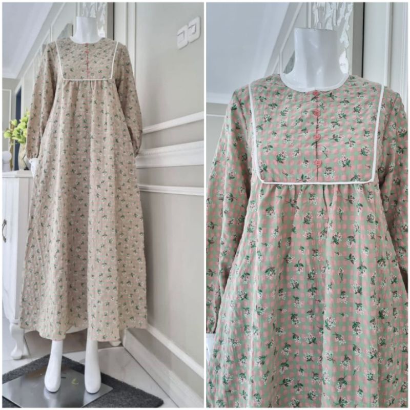 Gamis /Midi Dress Katun print kancing dada ori By Edness Kayla