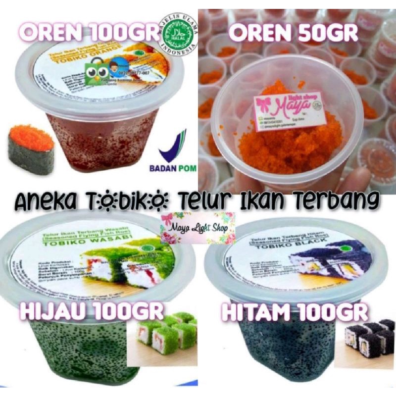 

Tobiko roe telur ikan caviar flying fish tobiko orange hitam hijau wasabi topping halal dan enak promo