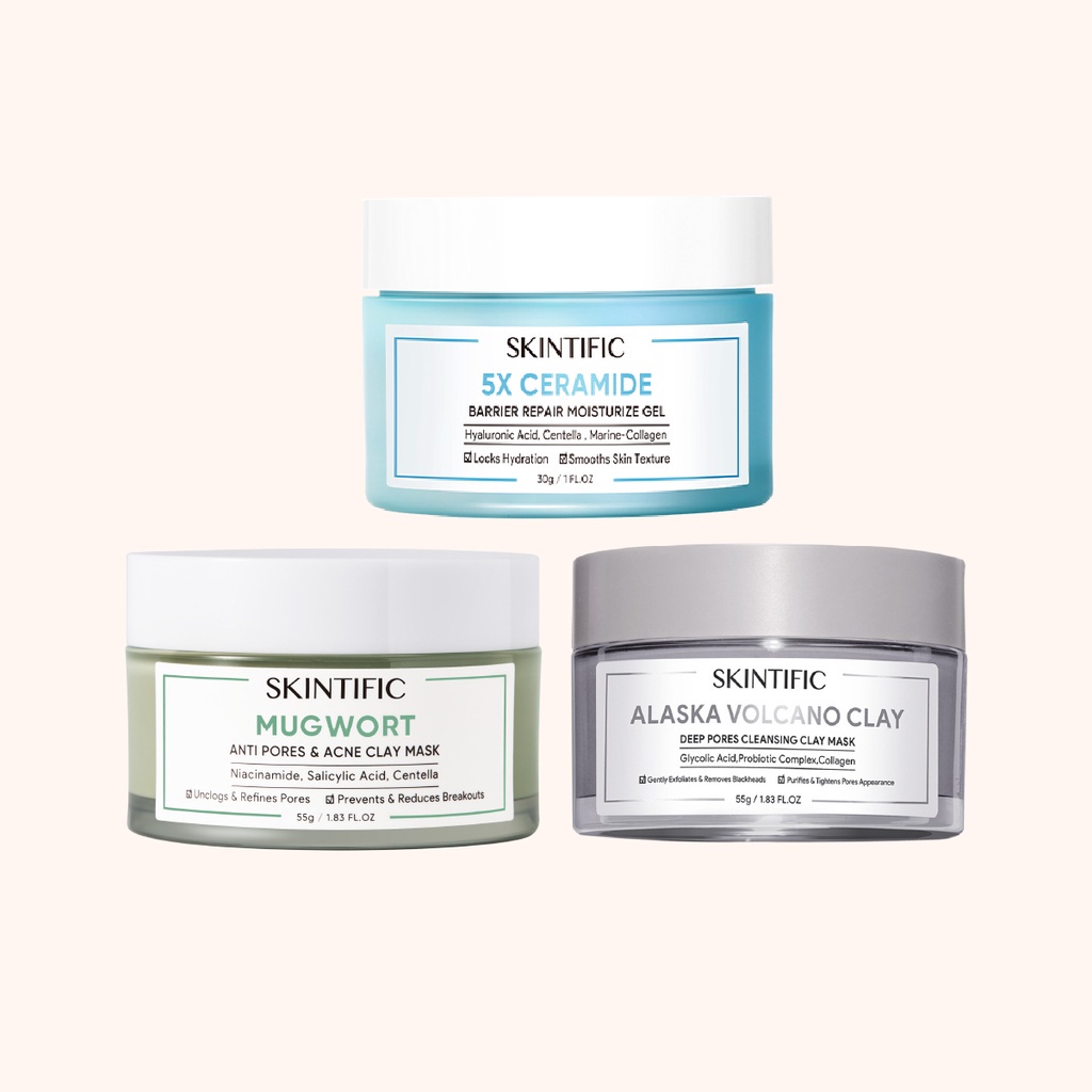 SKINTIFIC 3pcs Facial Care set Deep Pores Cleansing and Barrier Repair 5X Ceramide Moisturizer + Volcano Clay Mask + Mugwort Mask [BPOM]